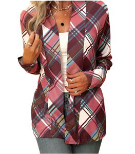 Plaid multi coloured cardigan with elbow patches