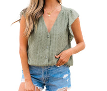 Load image into Gallery viewer, Green flutter sleeve button up lace blouse
