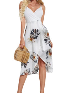 White wrap floral print tie up dress