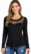 Load image into Gallery viewer, Black cut out round neck long sleeve top
