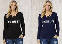 Load image into Gallery viewer, Lightweight long sleeve #Momlife sweaters with criss cross design
