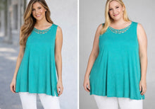 Load image into Gallery viewer, Long green tunic tank top with criss cross detail
