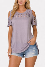 Load image into Gallery viewer, High/low cold shoulder cut out block style top
