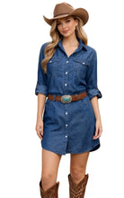 Load image into Gallery viewer, Lightweight denim button up shirt/dress with 4 pockets
