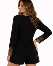 Load image into Gallery viewer, Long sleeve black top with mesh and gold bling on front and cuffs
