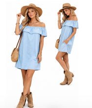 Load image into Gallery viewer, Off shoulder denim dress with  ruffle and side pockets
