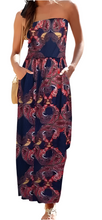 Load image into Gallery viewer, Navy strapless paisley dress with pockets
