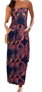 Navy strapless paisley dress with pockets