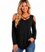 Load image into Gallery viewer, Cold shoulder crossed front design long sleeved top
