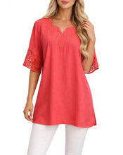 Load image into Gallery viewer, Pink/coral v-neck blouse with crochet sleeves
