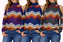 Load image into Gallery viewer, High neck cold shoulder striped top
