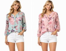 Load image into Gallery viewer, High/low chiffon button up floral blouse
