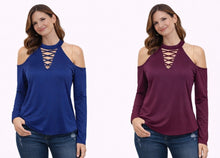 Load image into Gallery viewer, Cold shoulder long sleeve choker style top with criss cross
