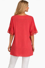 Load image into Gallery viewer, Pink/coral v-neck blouse with crochet sleeves
