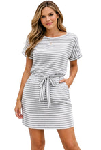 Load image into Gallery viewer, Grey striped t-shirt dress with pockets
