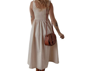 Beige ribbed bodice pleated long cotton dress