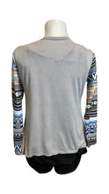 Load image into Gallery viewer, Grey draped cardigan with tribal print sleeves
