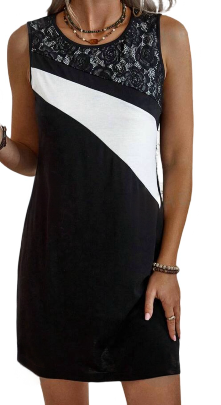 Black sleeveless tricolour dress with lace contrast