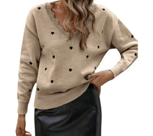 Load image into Gallery viewer, Khaki sweater with embroidered hearts and scalloped neckline.
