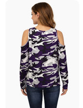 Load image into Gallery viewer, Long sleeve purple camouflage cold shoulder top
