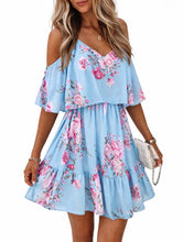 Load image into Gallery viewer, Blue floral ruffled dress with spaghetti straps
