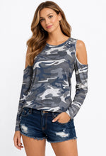 Load image into Gallery viewer, Grey camouflage cold shoulder long sleeve top
