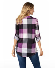 Load image into Gallery viewer, Purple v-neck long sleeve plaid shirt
