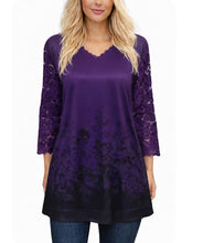 Load image into Gallery viewer, Plus size Purple top with black floral pattern and crochet sleeve
