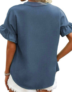 Blue button up blouse with ruffle sleeves