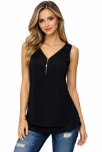 Load image into Gallery viewer, Layered sleeveless top with zipper and criss cross back
