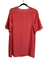 Load image into Gallery viewer, Pink/coral v-neck blouse with crochet sleeves
