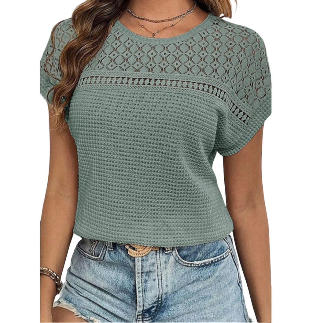Waffle knit tee with lace