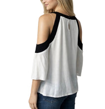 Load image into Gallery viewer, White cold shoulder blouse with black trim
