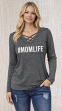Load image into Gallery viewer, Lightweight long sleeve #Momlife sweaters with criss cross design
