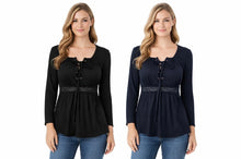 Load image into Gallery viewer, Lace-up long sleeve blouse with lace
