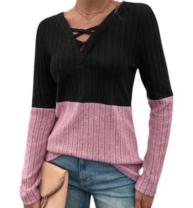 Super soft pink colorblock sweater with crisscross