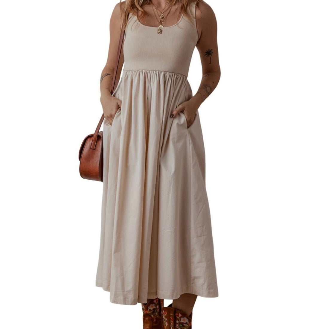Beige ribbed bodice pleated long cotton dress