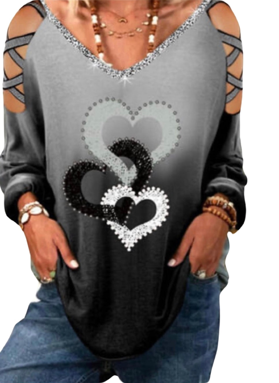 Strappy long sleeve top with hearts and sequins