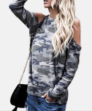 Load image into Gallery viewer, Grey camouflage cold shoulder long sleeve top
