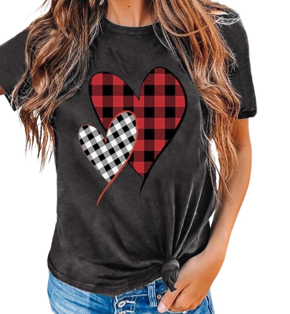 Double plaid heart grey tee