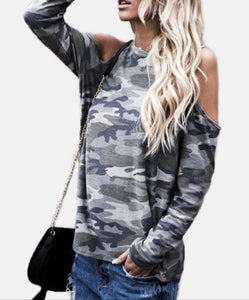 Grey camouflage cold shoulder long sleeve top