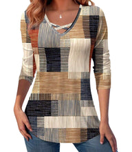 Load image into Gallery viewer, Long sleeve criss cross khaki patchwork design top
