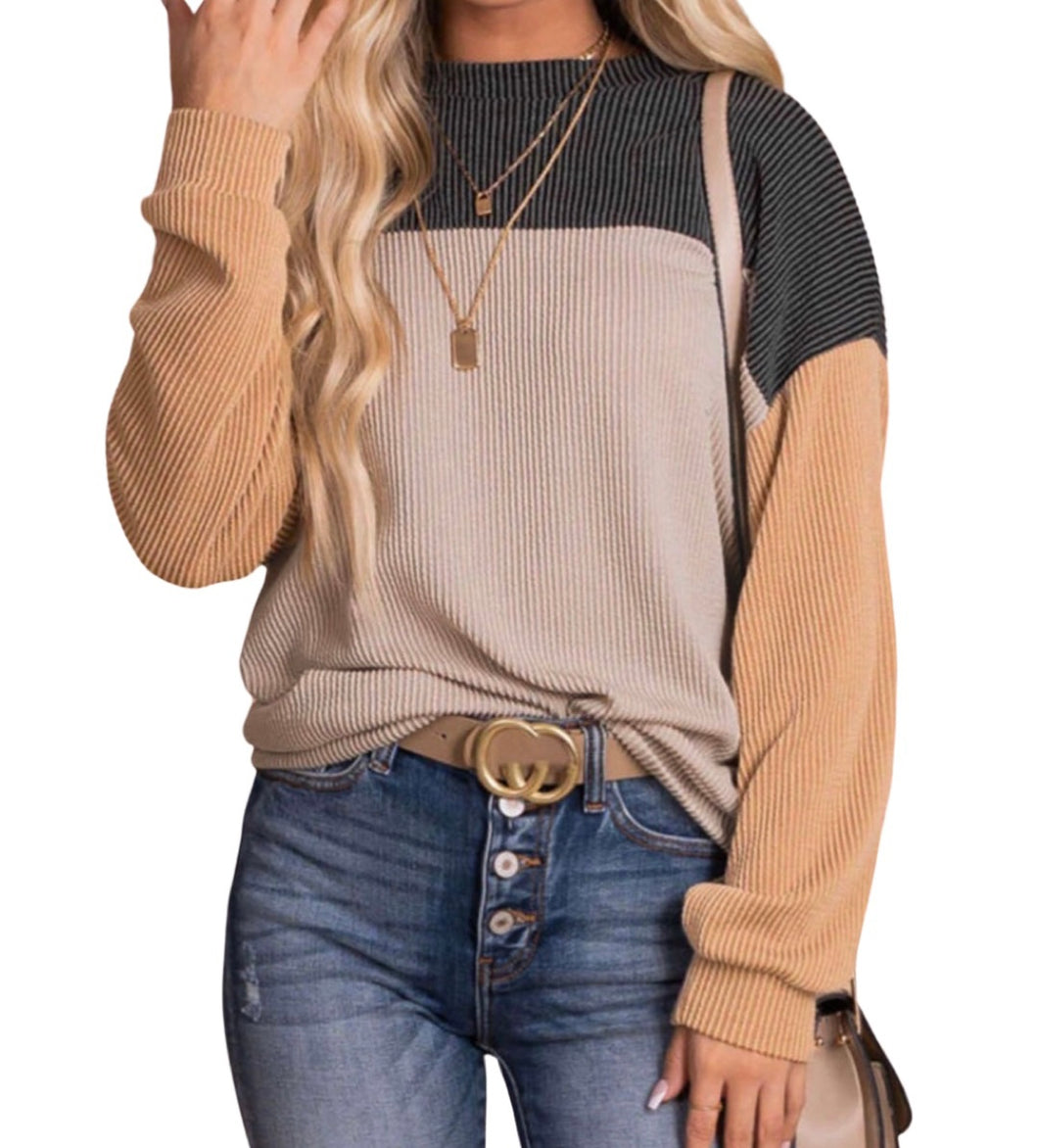 Ribbed colorblock long sleeve top