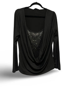 Scoop neck long sleeve top with rhinestones