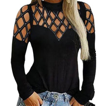 Load image into Gallery viewer, High neck long sleeve top with hollow out chest and sleeves with sequins
