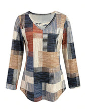 Load image into Gallery viewer, Long sleeve criss cross khaki patchwork design top
