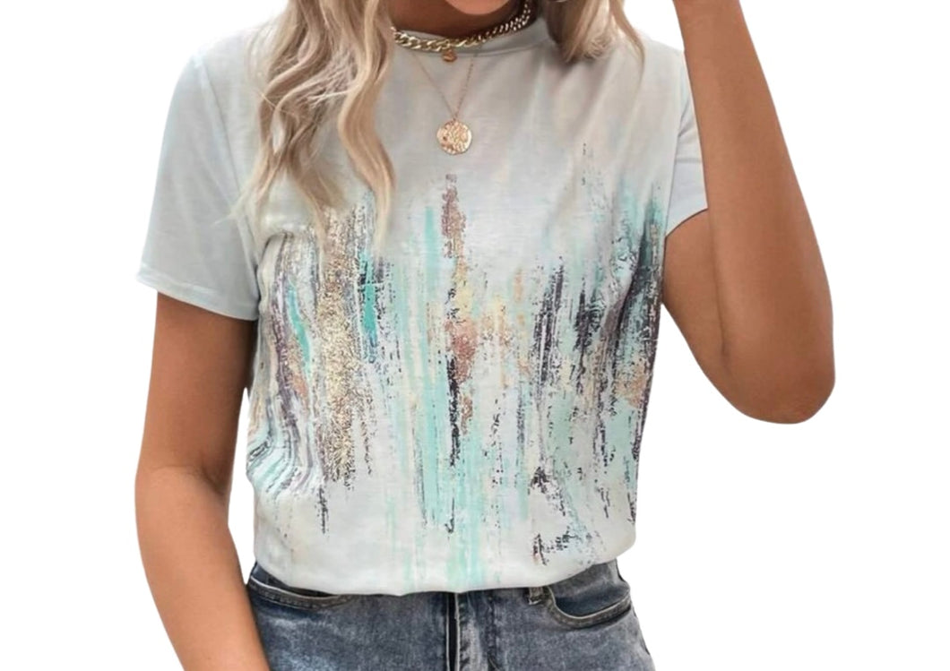 Multi-color print round neck tee