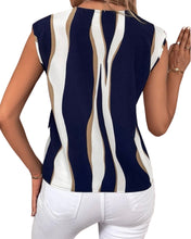 Load image into Gallery viewer, Navy color block blouse with lace trim
