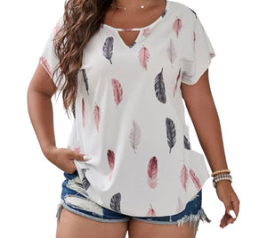 Plus size white feather print blouse