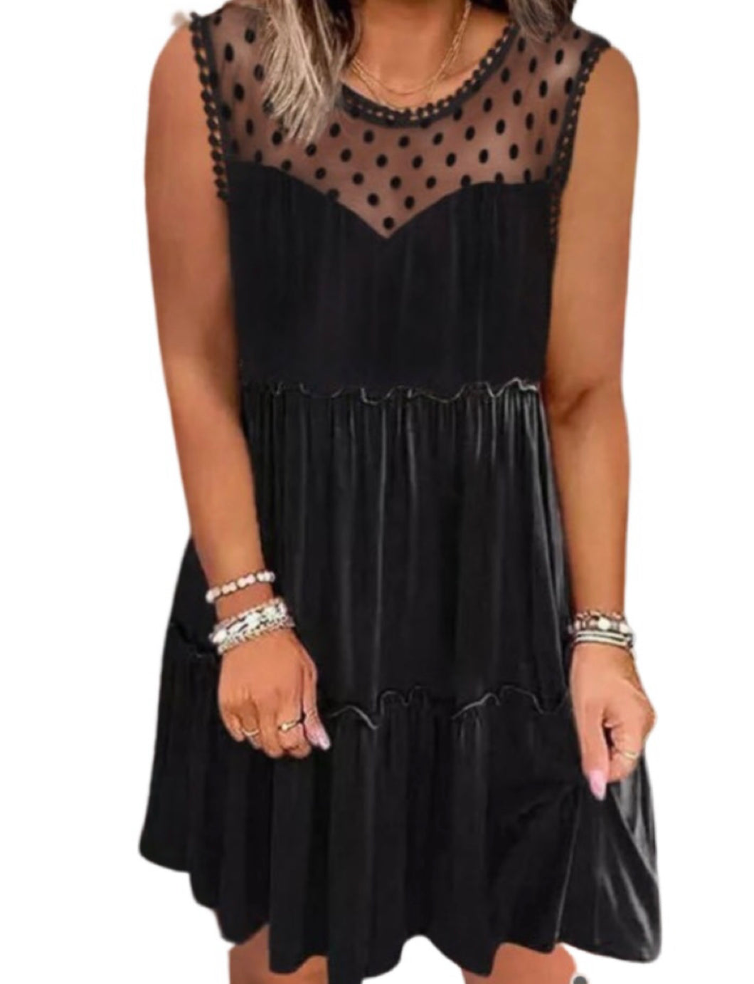 Black polka dot mesh ruffled dress